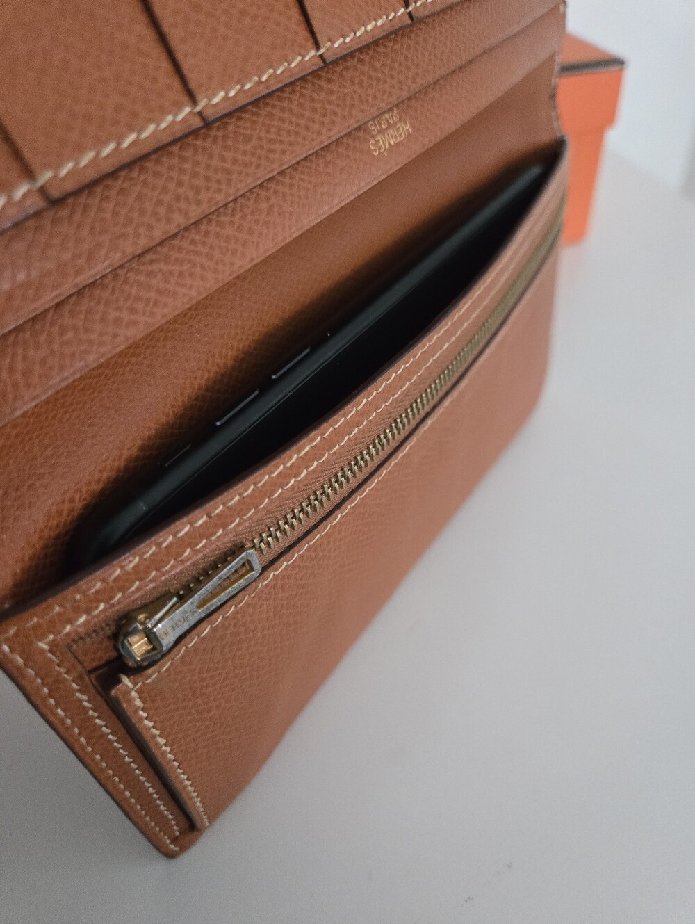 Authentic HERMES Bearn Soufflet Bifold Brown & Gold Iconic "H" Wallet Clutch Set - Picture 11 of 16